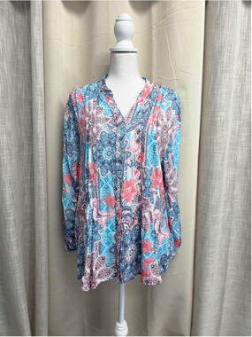 Ruby Rd. Floral Split-Neck Blouse Pink Blue Paisley Festival Boho Size XL